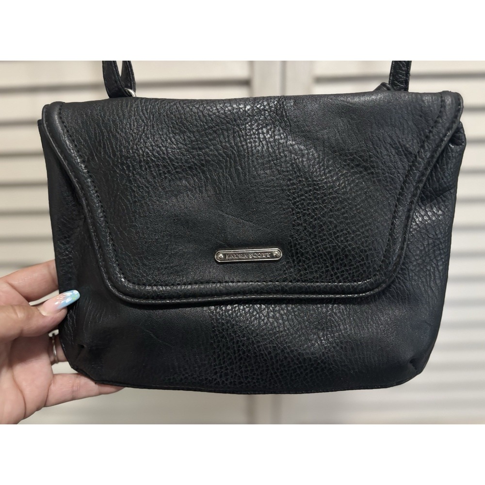 Laura Scott Imitation Leather Crossbody Purse Logo Sev Pockets Adj Strap Black